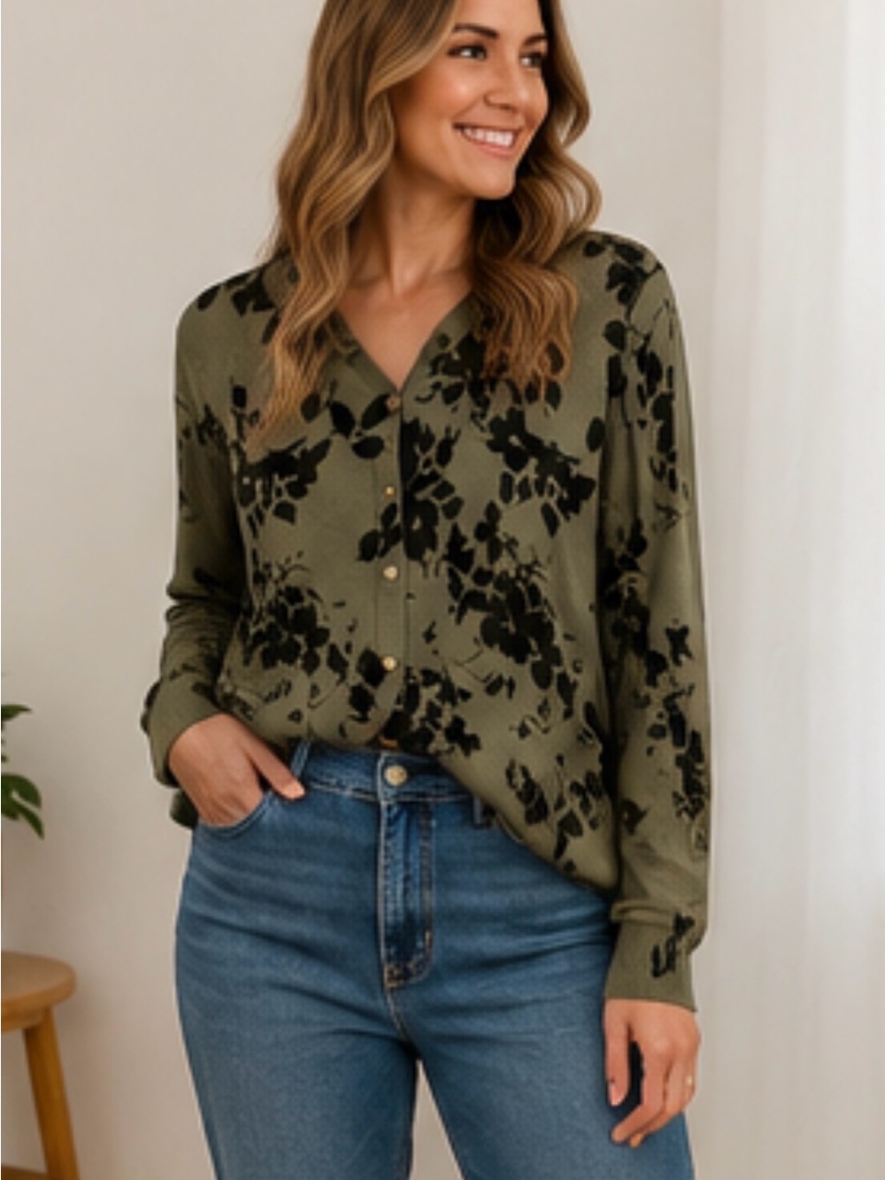Olive Green Floral Print Button-Up Cardigan
